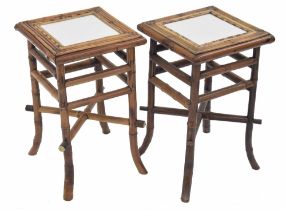 Good pair of small bamboo side tables with inset tile tops, 11.5" x11.5", 19.5" high (2)