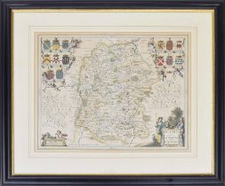 An old map of Wiltshire inscribed with the heraldic coats of arms of the family of that county, also