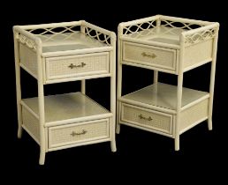 Pair of cream painted bamboo and rattan bedside tables, each with two shelves with protective