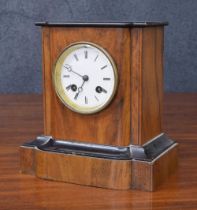 French walnut and ebonised two train mantel clock, the Japy Freres movement with outside