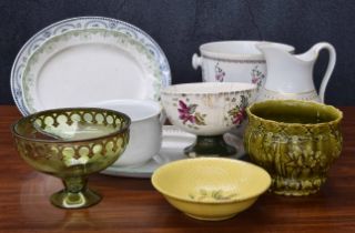 Group of porcelain and pottery various; majolica glazed jardiniere, three assorted meat plates