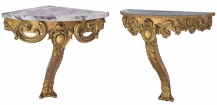 French style gilt demi-lune console table, moulded floral and scroll decoration raised on a single