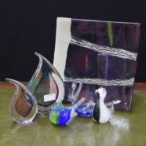 Group of assorted decorative art glass items, including two teardrop ornaments, a square plate and