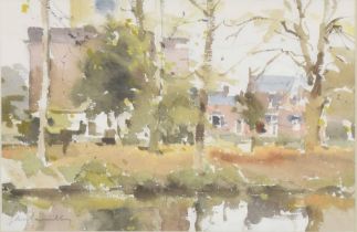 John Yardley Hon., Rtd., RI., (b. 1933) - Houses beside a pond with trees nearby, signed, pencil and