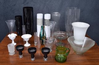 Group of decorative glass vases and bowls, the tallest black glass vase 19.75" high; together with a