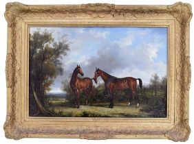 Jan Mortel (20th/21st century) - two horses standing in a sunlit landscape with hills in the