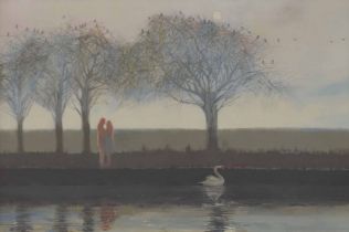 Richard Ewen (1928-2009) - Pastoral river landscape with two figures beside trees and a swan in