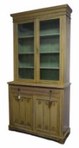 Good decorative painted pine cabinet, the upper part with two glazed cabinet doors enclosing a