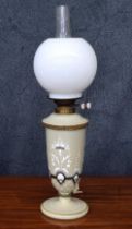 Victorian opaque glass oil lamp, converted to electricity, with white glass globe shade and storm