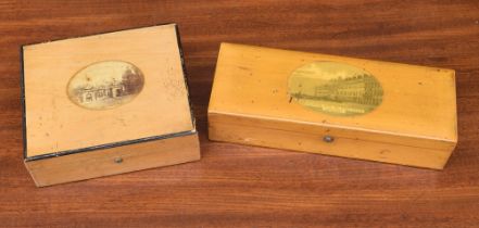 Two Mauchline Ware boxes, one with the image of Burlington Hotel and Grand Parade Eastbourne 9.5"