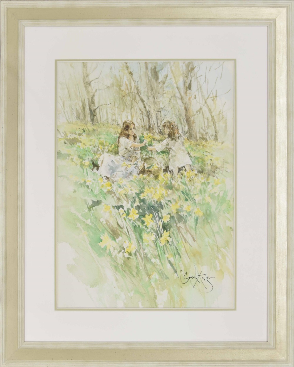 Gordon King (1939-2022) - Mother and child picking daffodils in a sunlit meadow, signed pencil and - Image 2 of 2