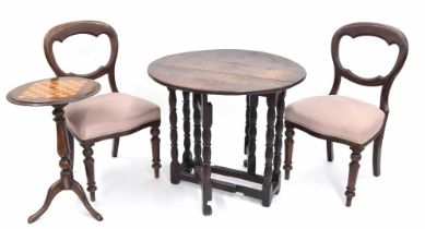 Small oak gateleg occasional table, 31" wide, 30" deep extended, 27" high; together with a pair of