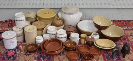 Kitchenalia - large group of stoneware pottery jars, pots and bowls, including ingredient labelled