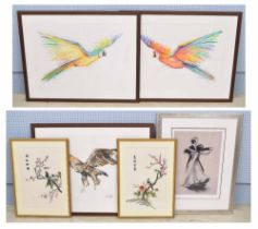 Pair of contemporary school vibrant watercolour paintings of parrots / parakeets in flight,