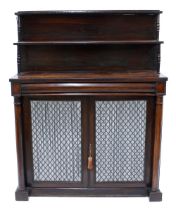 Victorian rosewood chiffonier, the raised shelfed back over a long cushion frieze drawer and two