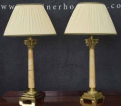 Pair of modern decorative onyx, faux marble and brass Corinthian column table lamps, 22" high