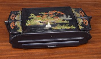 Japanese lacquered dressing table box, with a hinged painted decorated cover with inset mirror