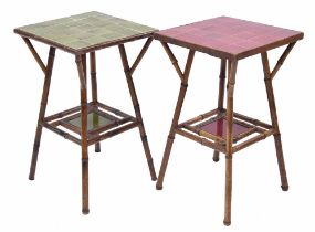 Near pair of Aesthetic Movement bamboo occasional tables with inset tiled tops and under-tiers,