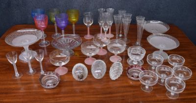 Five Bohemia Crystal Czech coloured wine glasses, 8.5" high; together with assorted further drinking