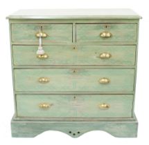 Decorative green painted pine chest of two short over three long graduated drawers, raised on a