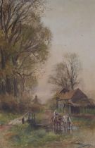 Henry Charles Fox RBA., (1855-1929) - Country scene with a farm boy watering shire horses in a