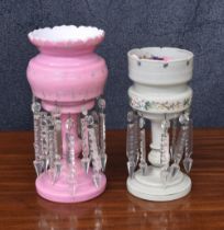 Victorian opaque glass table lustre, 10.5" high; together with another pink glass lustre, 12"