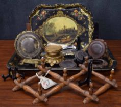 Mixed lot of decorative and interesting items including a papier mâché tray, metal tray, assorted