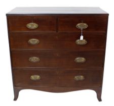 19th century mahogany chest of two short over three long graduated drawers, raised on shaped bracket
