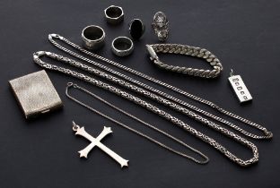 Mixed lot of silver jewellery - hallmarked ingot pendant, 925 crucifix pendant, five 925 rings,