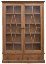 Pine farmhouse cabinet, with two panelled glazed doors enclosing a shelved interior with panelled