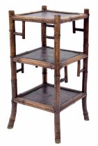 Aesthetic bamboo three tier square whatnot, the lacquered tiers with shallow relief decoration,