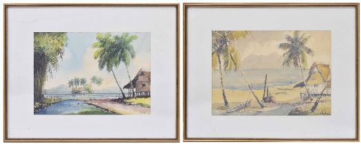 G* Salday (20th/21st century) - Tahiti scenes, signed, watercolours, each 10.25" x 14" (a pair)