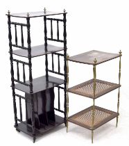 Victorian ebonised magazine rack/whatnot on turned supports raised on castors, 43" high; together