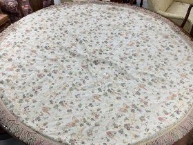 Pair of good quality lined round table cloths with butterfly design and fringed borders, 80"