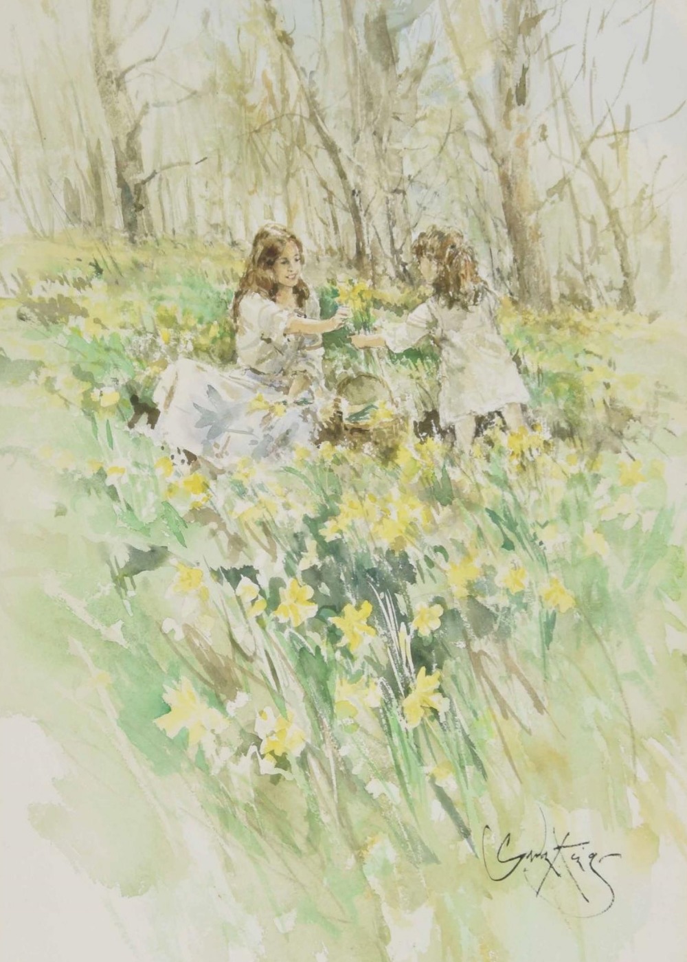 Gordon King (1939-2022) - Mother and child picking daffodils in a sunlit meadow, signed pencil and