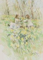 Gordon King (1939-2022) - Mother and child picking daffodils in a sunlit meadow, signed pencil and