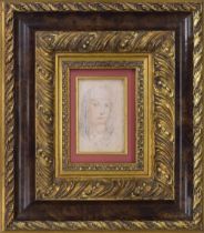 Follower of Simone Cantarini - Study of the head of the Madonna with a veil, red and black crayon,
