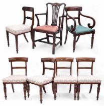 Set of four late Regency mahogany bar back dining chairs, with upholstered stuff over seats raised