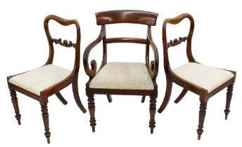 Pair of Victorian simulated rosewood dining chairs, the shaped backs with scroll bars over