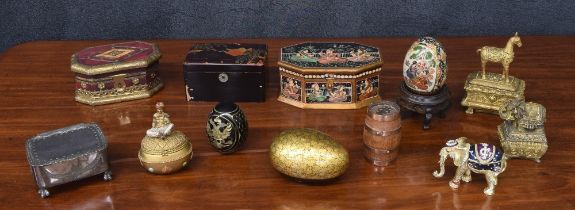 Group of assorted decorative trinket boxes and ornaments; also jewellery caskets, lacquered pots,