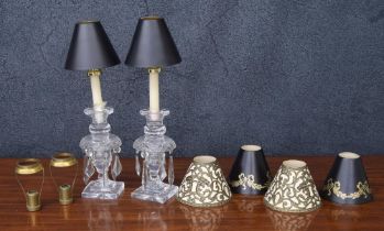 Pair of crystal lustre drop candlesticks, 8" high (with a pair of small candle shades and shade