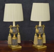Good pair of French Empire style ormolu and cut glass table lamps, with swan neck handles, 18.5"