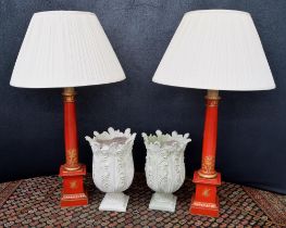 Tall large pair of red and gilt lacquered wooden column table lamps, 27" high including bulb