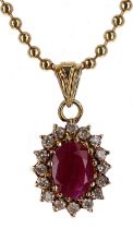 18ct yellow gold oval ruby and diamond cluster pendant on a bead necklace, the ruby 0.65ct approx,
