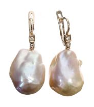 Attractive pair of 18ct rose gold peach coloured baroque pearl and diamond drop earrings, drop