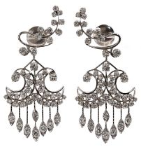 Impressive large pair of white gold diamond set drop earrings, round brilliant-cuts, estimated 9.