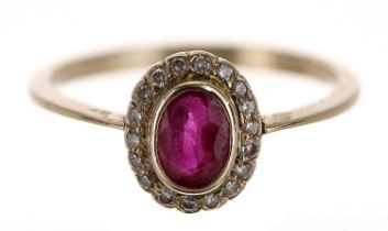 18ct yellow gold oval ruby and diamond cluster ring, the ruby 0.50ct approx, width 9mm, 2.3gm,