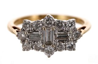 Good 18ct diamond multi-cut diamond ring, baguette and round brilliant-cuts, estimated 1.20ct approx