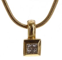 Modern 18ct yellow gold princess-cut diamond pendant on a snake design necklace, the pendant with