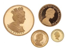 Gold coins - 22ct £2 coin 1983, 16gm; 22ct full sovereign coin 1981, 8gm; 22ct £5 coin 2002, 40.3gm;